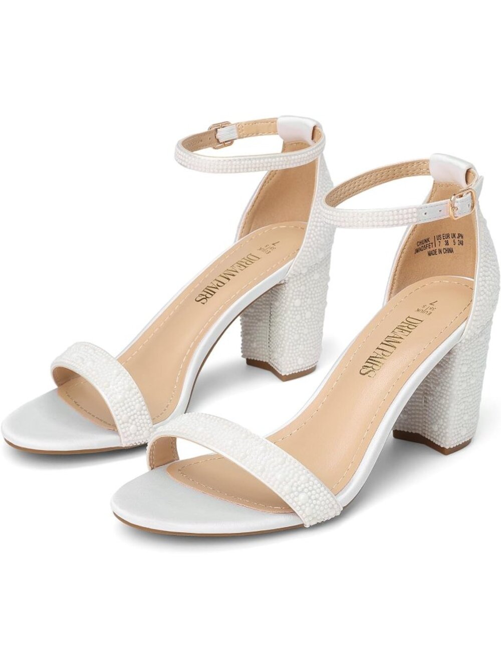 Dream Pairs Women's White Pearl Open Toe Ankle Strap Comfort Block Heel Sandals